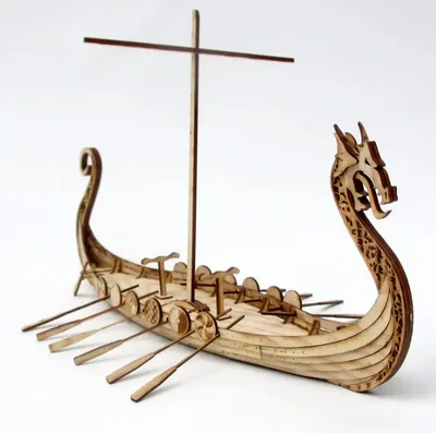 Assembled wooden Viking longship model cut from laser cut plan files