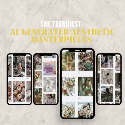 Promotional graphic showing four phone screens filled with AI-generated lifestyle images