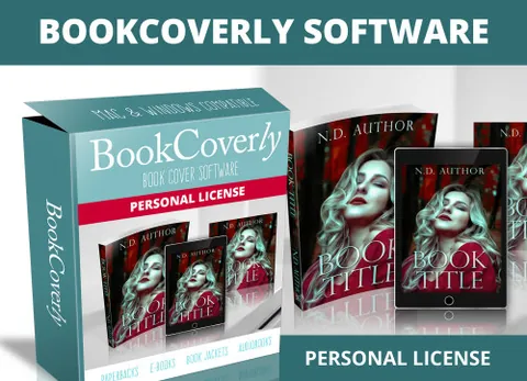 BookCoverly software box and Personal License badge with sample paperback and ebook covers
