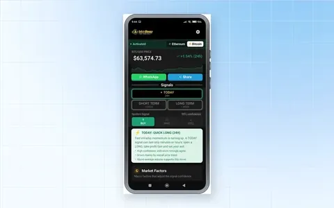 btcBeep Android app showing a Bitcoin BUY signal with confidence score