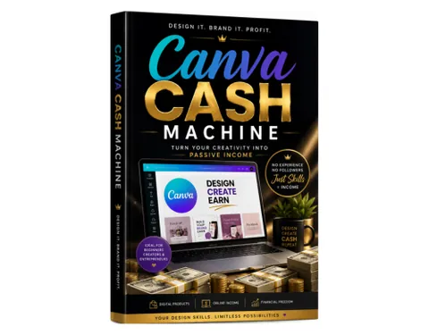 Canva Cash Machine ebook cover showing digital product mockups