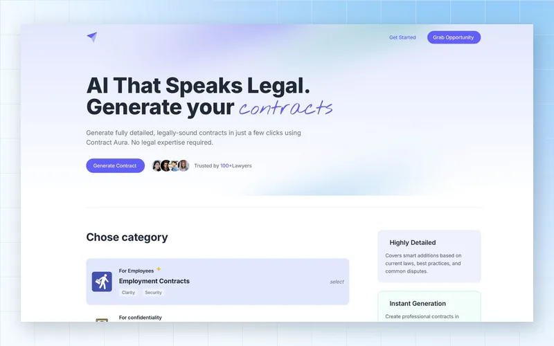 Contract Aura AI legal contract generator web application interface