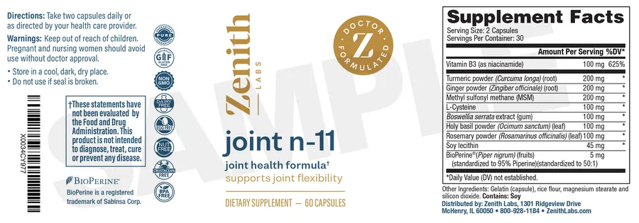 Bottle label of the Joint N-11 joint support supplement