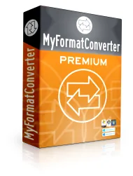 MyFormatConverter Premium software box with the orange two-arrow conversion logo