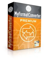 MyFormatConverter Premium software box with the orange two-arrow conversion logo