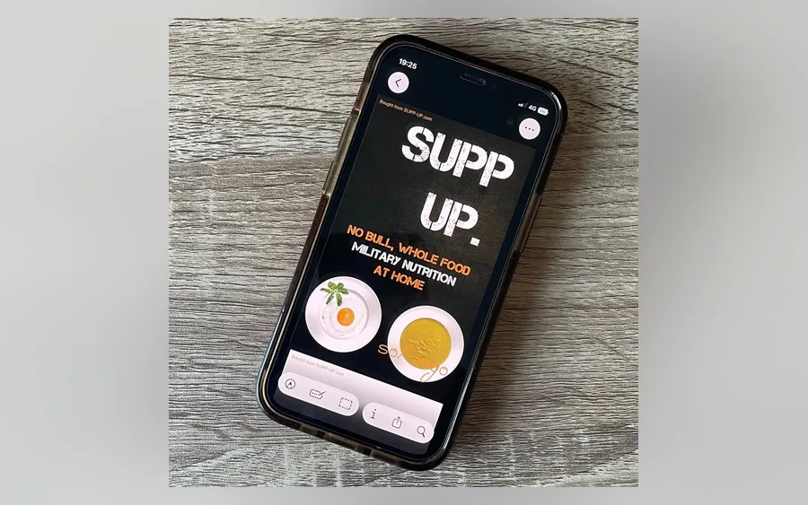 Product image from the seller's page, a phone mockup of the SUPP UP guide
