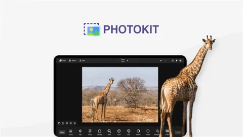 PhotoKit online photo editor interface shown on a promotional graphic