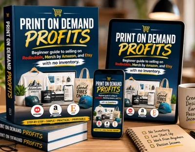 Print on Demand Profits ebook cover with printed t-shirt and mug mockups