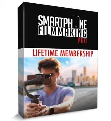 Smartphone Filmmaking Pro lifetime membership box showing a creator filming with a phone gimbal