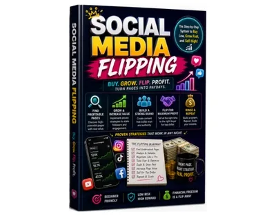 Social Media Flipping ebook cover showing phone screens and stacks of banknotes