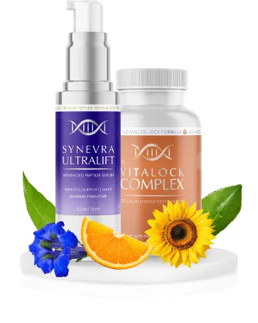 Synevra Lift and Lock skincare serum and supplement kit