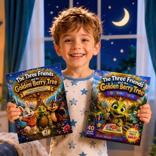 The Three Friends and the Golden Berry Tree story and coloring book bundle cover