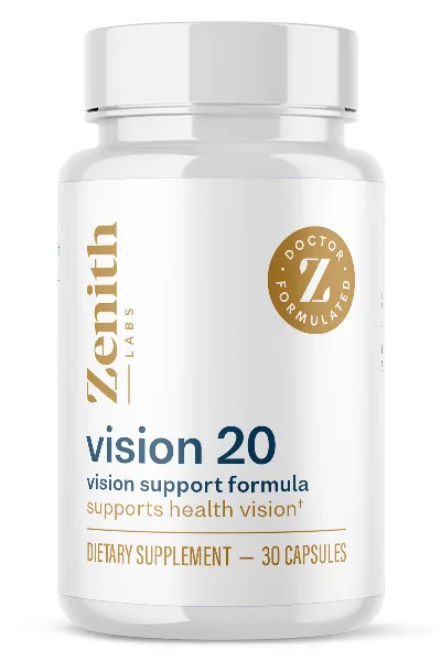 Bottle of Vision 20 eye health capsules by Zenith Labs