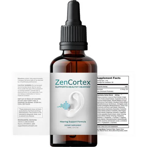 ZenCortex hearing support drops bottle label